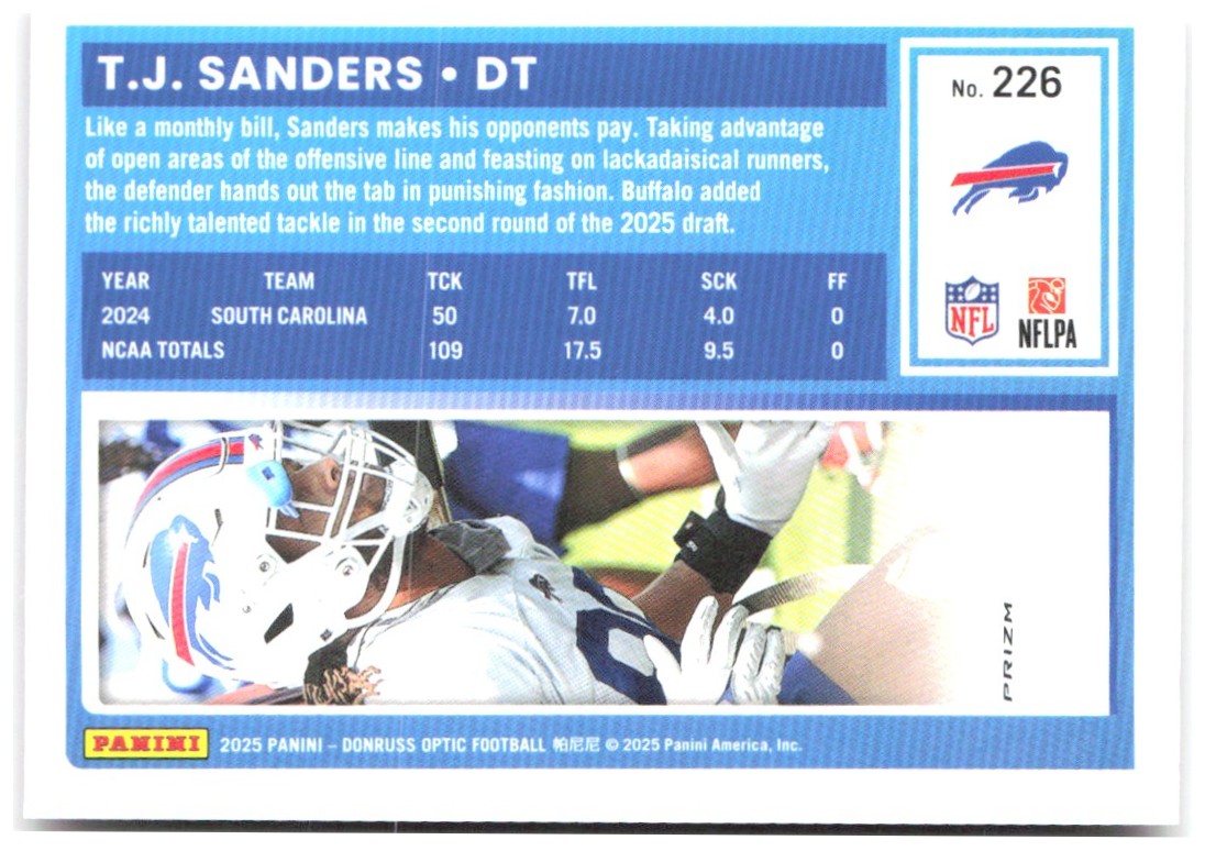 T.J. Sanders Donruss Optic - Pink 226 2025 Buffalo Bills