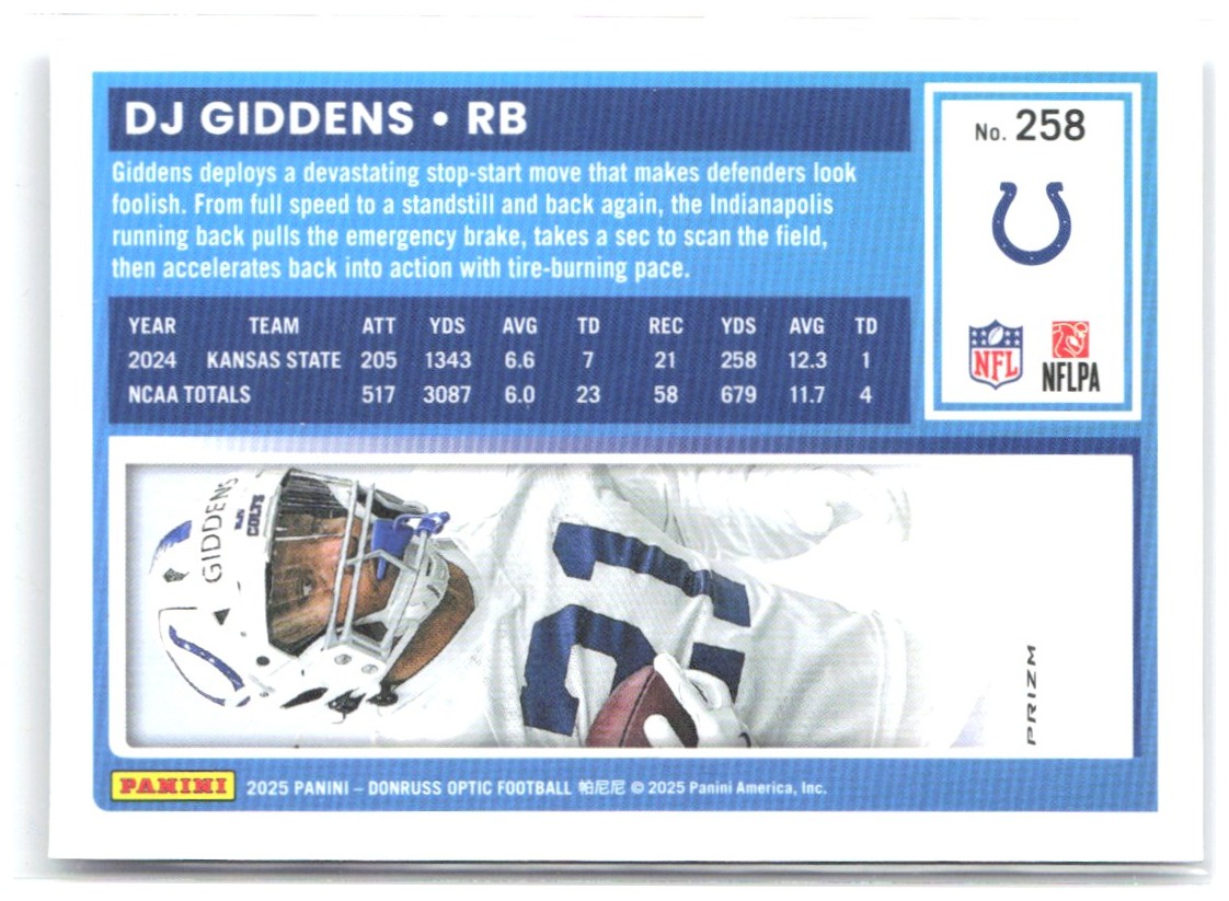 DJ Giddens Donruss Optic - Blue Scope 258 2025 Indianapolis Colts