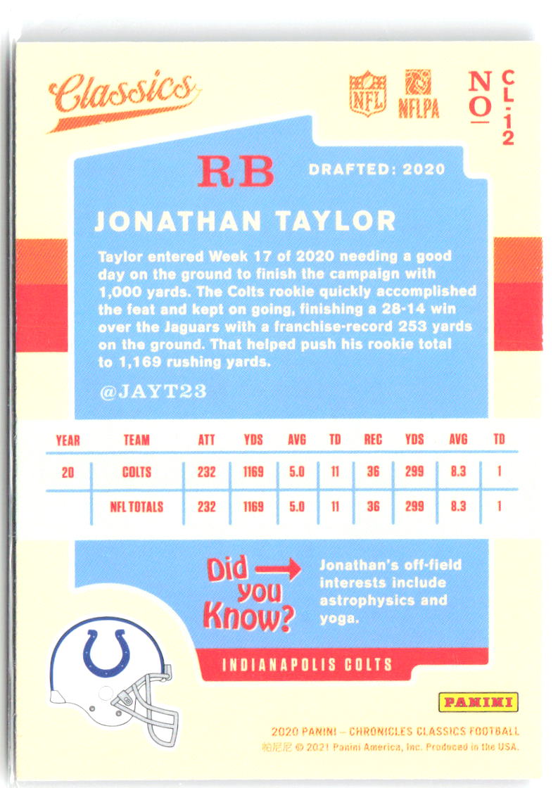 Jonathan Taylor Panini Chronicles - Classics CL-12 2020 Indianapolis Colts