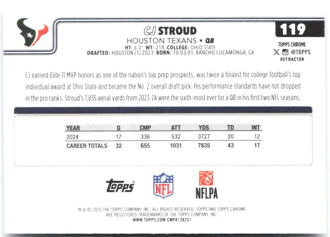 CJ Stroud Topps Chrome - Refractor 119 2025 Houston Texans