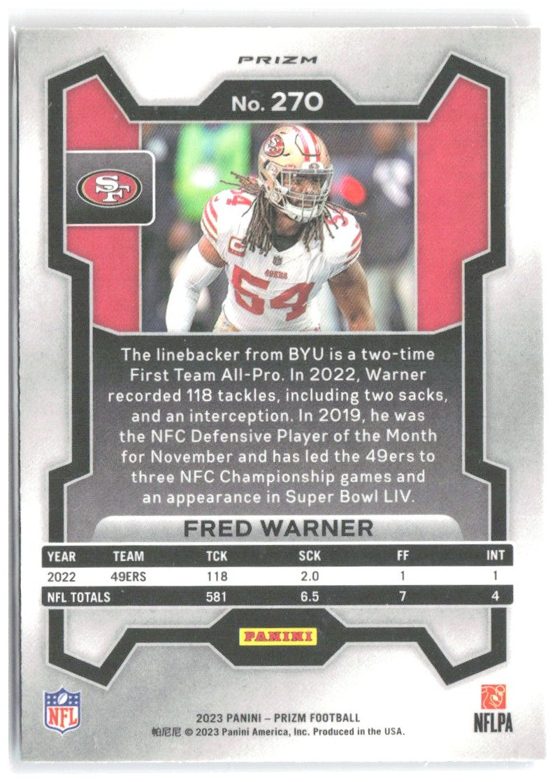 Fred Warner Panini Prizm - Red White and Blue 270 2023 San Francisco 49ers