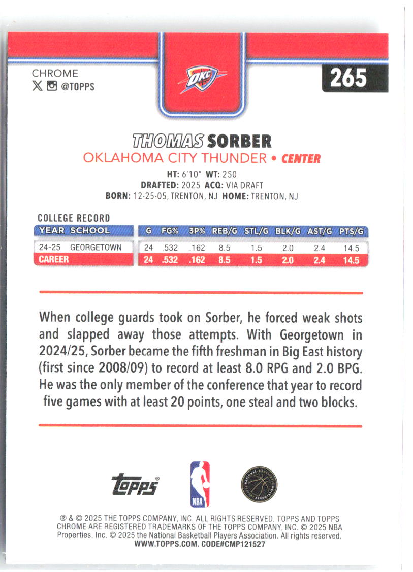 Thomas Sorber Topps Chrome 265 2025-26 Oklahoma City Thunder RC
