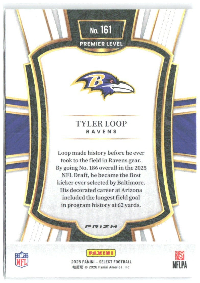 Tyler Loop Panini Select - Black and Green Prizm Shock 161 2025 Baltimore Ravens