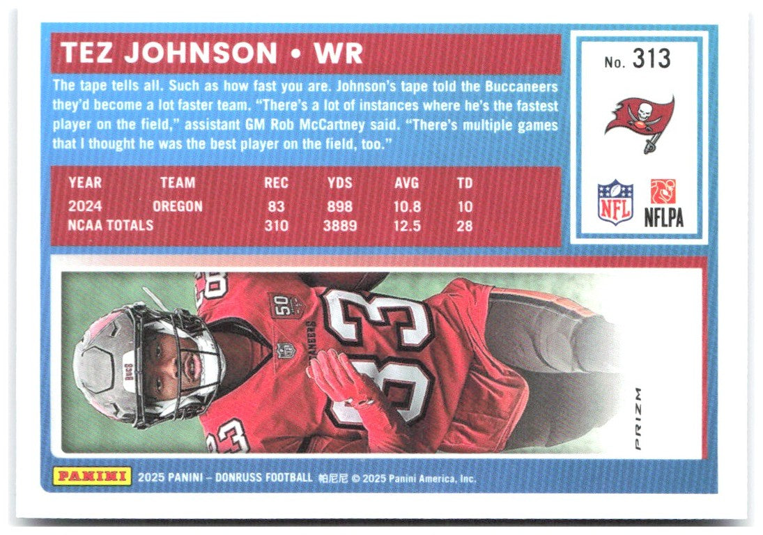 Tez Johnson Donruss Optic Rated Rookies Blue Scope 313 2025 Tampa Bay Buccaneers