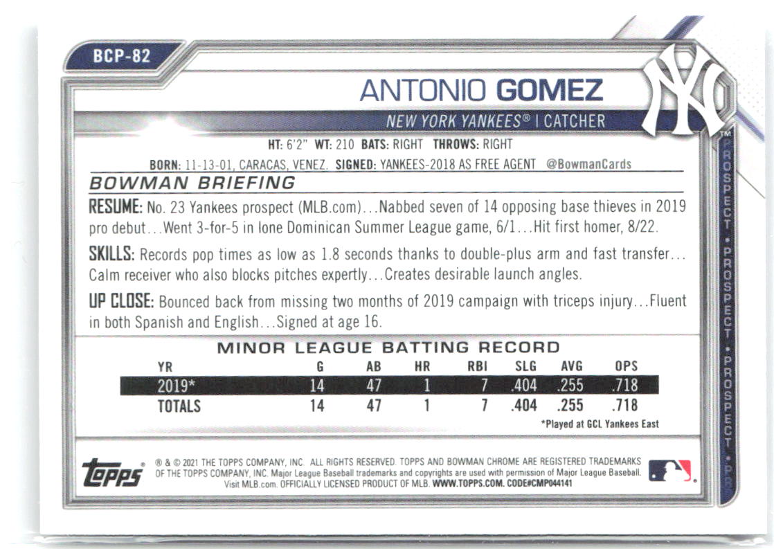 Antonio Gomez Bowman - Chrome Prospects BCP-82 2021 New York Yankees