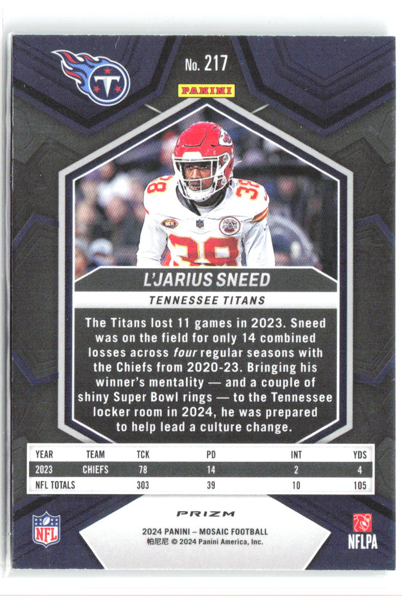 L'Jarius Sneed Panini Mosaic - Mosaic Green 217 2024 Tennessee Titans