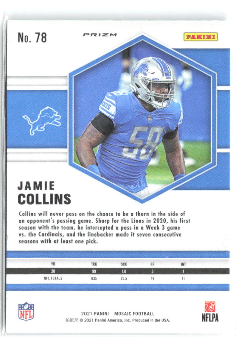 Jamie Collins Panini Mosaic - Prizm Green 78 2021 Detroit Lions