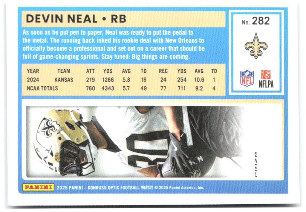 Devin Neal Donruss Optic - Purple Shock 282 2025 New Orleans Saints