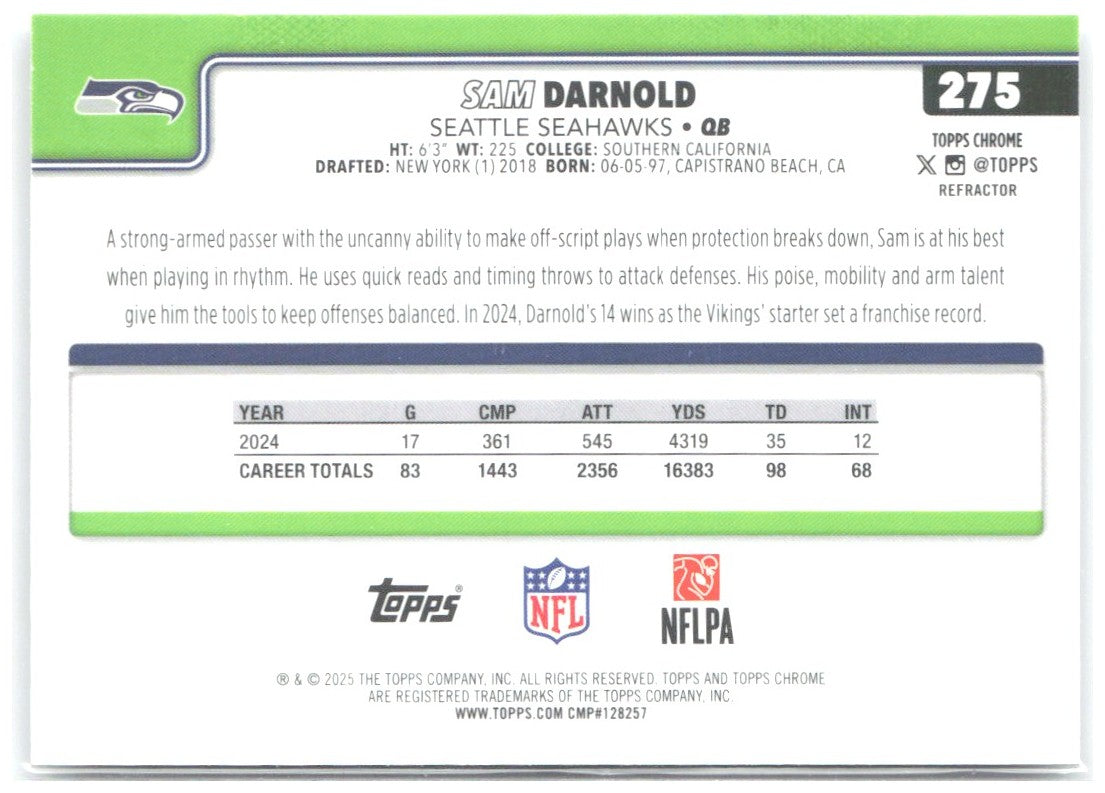 Sam Darnold Topps Chrome - Refractor 275 2025 Seattle Seahawks