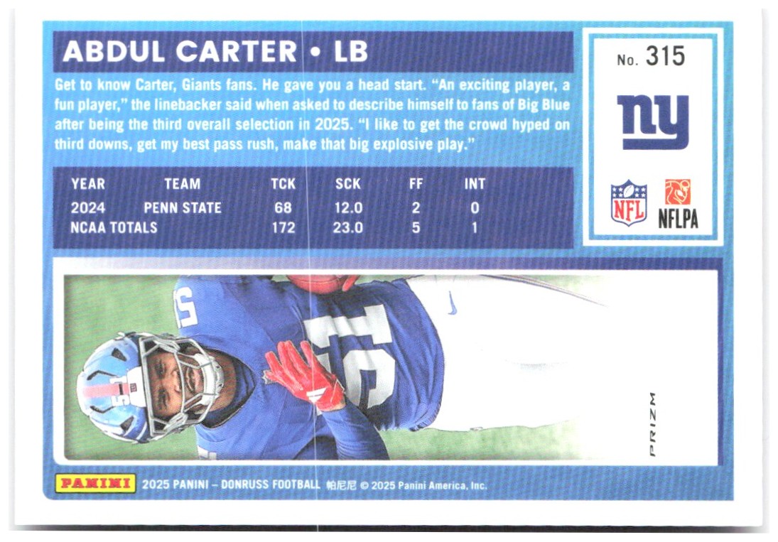 Abdul Carter Donruss - Optic Rated Rookies Preview Pink 315 2025 New York Giants