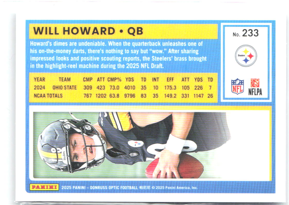 Will Howard Donruss Optic 233 2025 Pittsburgh Steelers RC