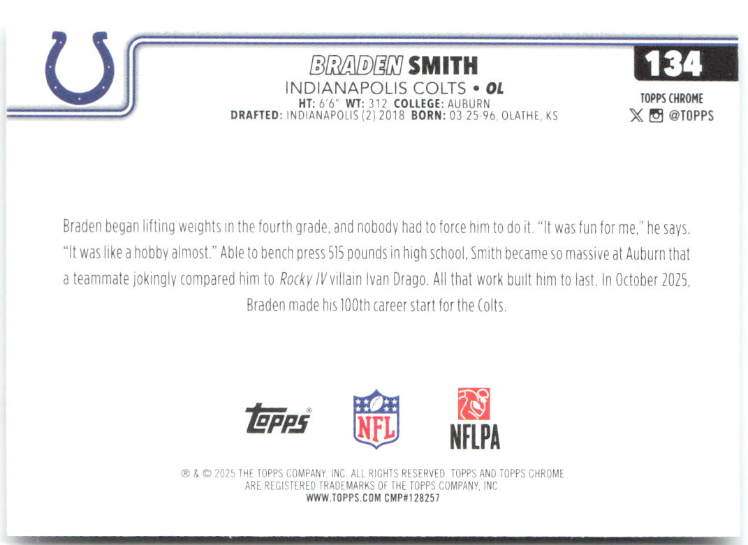Braden Smith Topps Chrome 134 2025 Indianapolis Colts