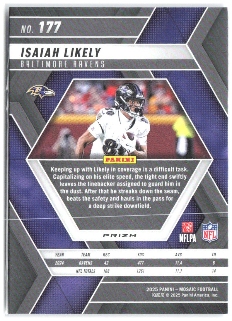 Isaiah Likely Panini Mosaic - Mosaic Reactive Blue 177 2025 Baltimore Ravens