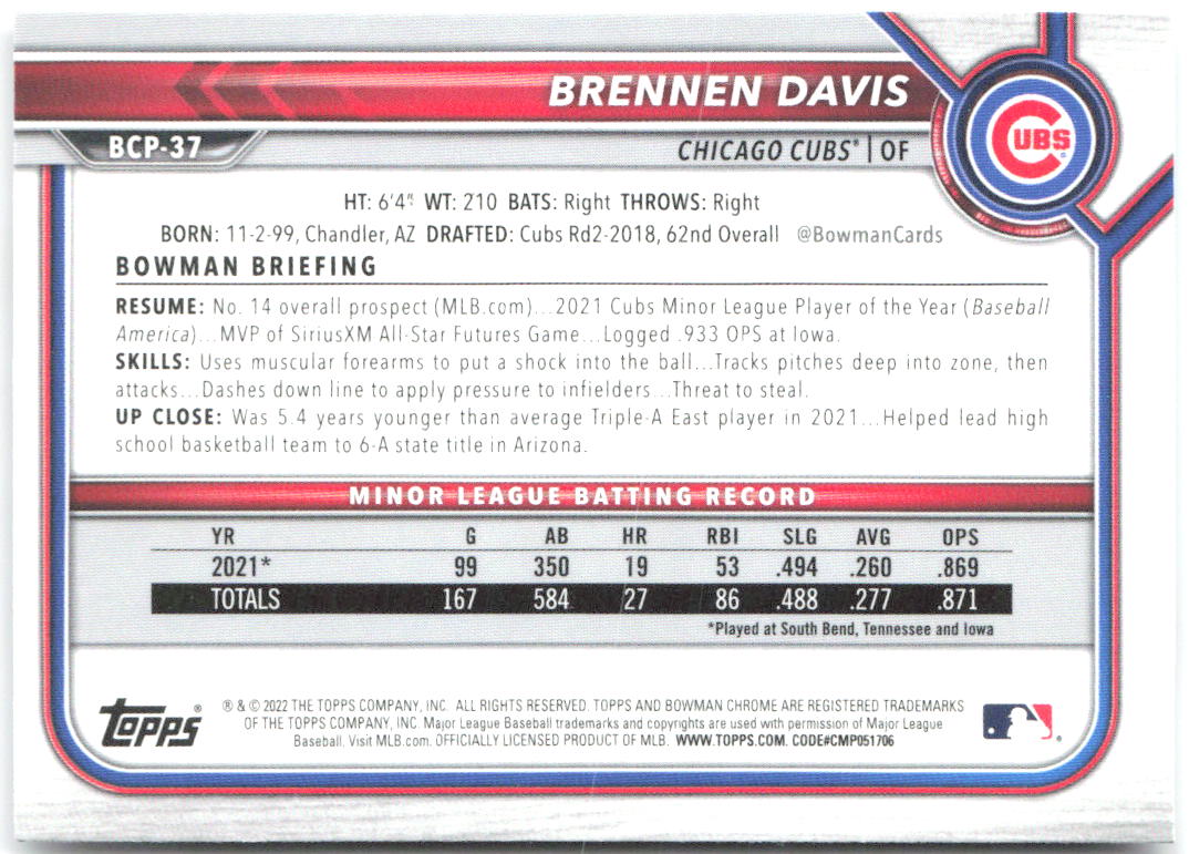 Brennen Davis Bowman - Chrome Prospects BCP-37 2022 Chicago Cubs