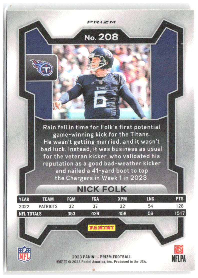 Nick Folk Panini Prizm - Lazer 208 2023 Tennessee Titans