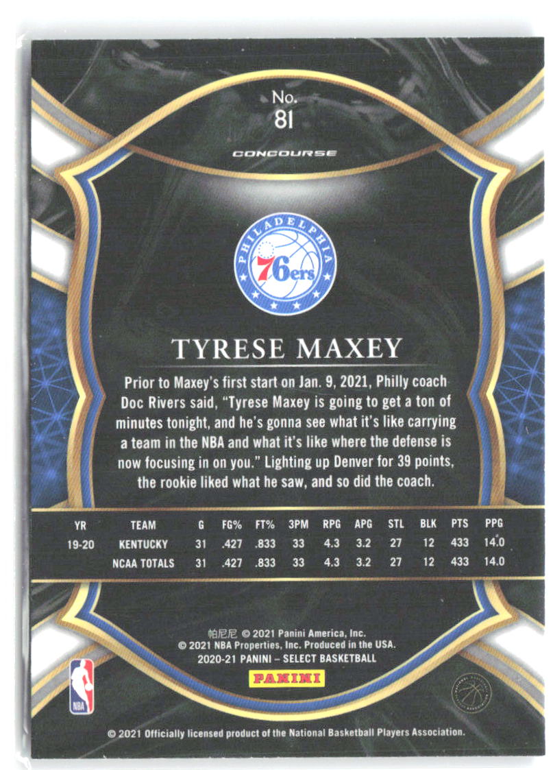 Tyrese Maxey Panini Select - Blue 81 2020-21 Philadelphia 76ers