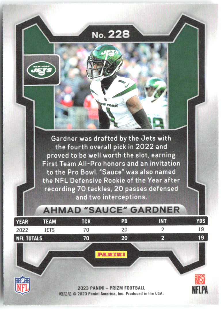 Ahmad "Sauce" Gardner Panini Prizm 228 2023 New York Jets