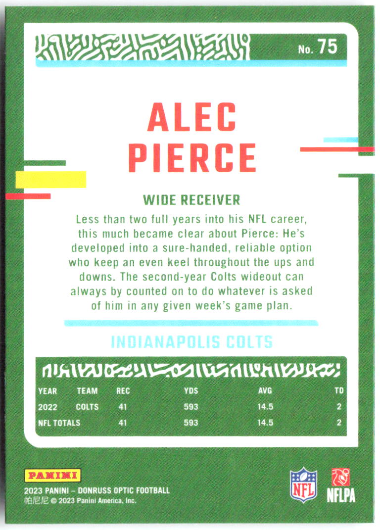 Alec Pierce Donruss Optic 75 2023 Indianapolis Colts
