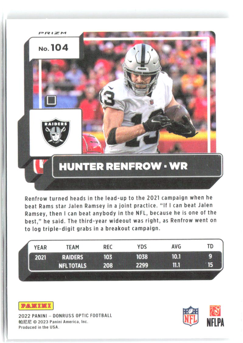 Hunter Renfrow Donruss Optic - Holo 104 2022 Las Vegas Raiders
