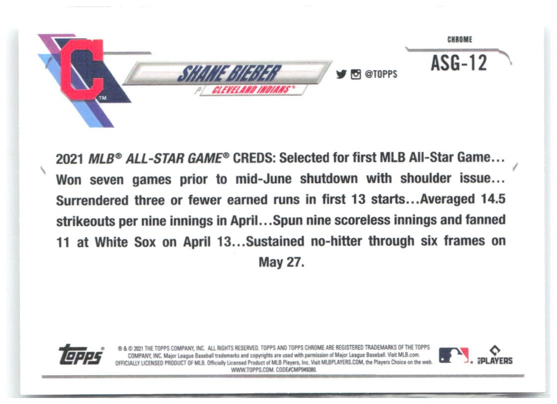 Shane Bieber Topps Chrome Update - 2021 All-Star ASG-12 2021 Cleveland Indians