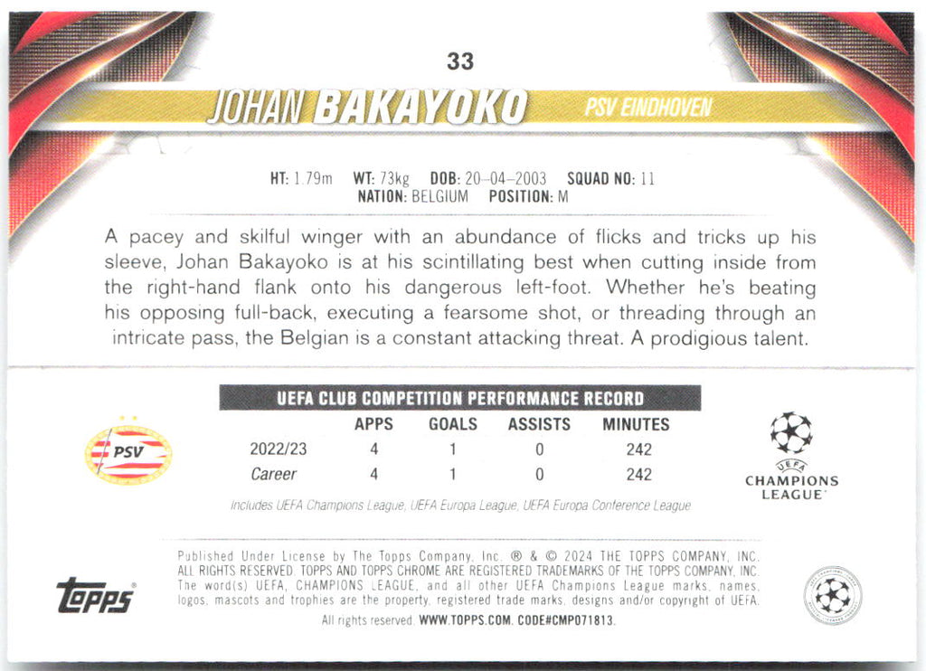 Johan Bakayoko Topps Chrome UEFA Club Competitions 33 2023-24 PSV Eindhoven