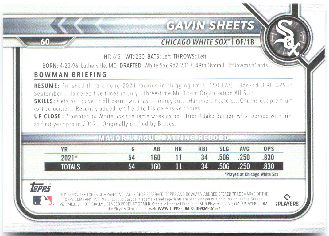 Gavin Sheets Bowman 60 2022 Chicago White Sox RC