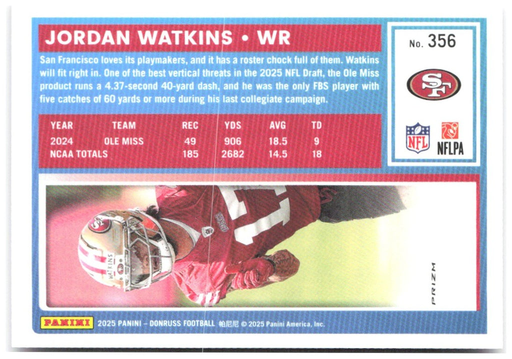 Jordan Watkins Donruss - Optic Rated Rookies Pink 356 2025 San Francisco 49ers