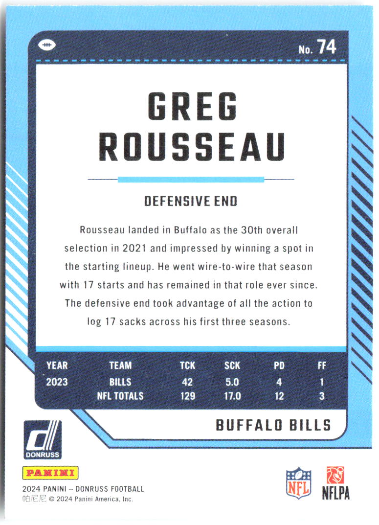 Greg Rousseau Donruss 74 2024 Buffalo Bills