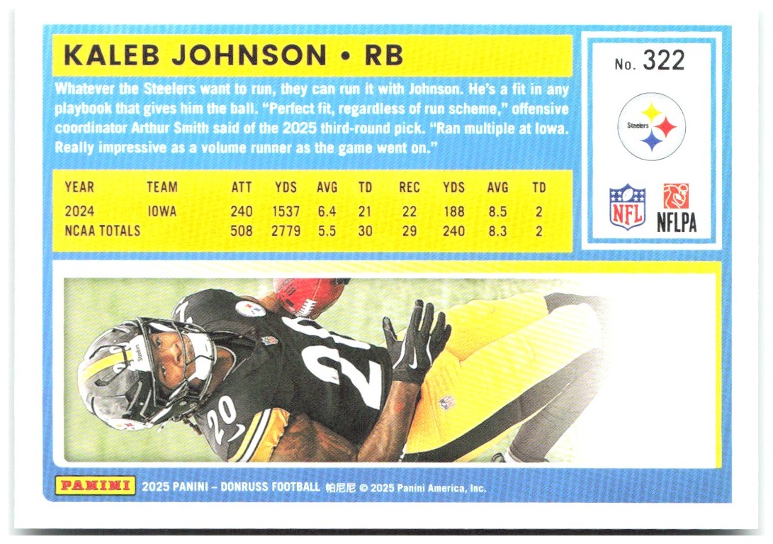 Kaleb Johnson Donruss - Press Proofs Green 322 2025 Pittsburgh Steelers