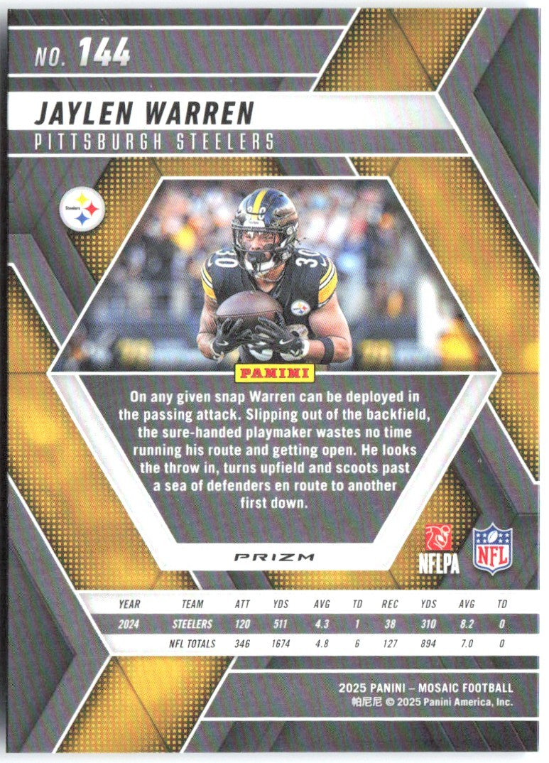 Jaylen Warren Panini Mosaic - Mosaic Reactive Blue 144 2025 Pittsburgh Steelers