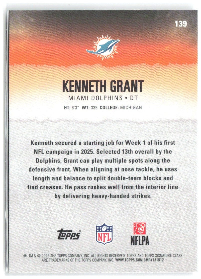 Kenneth Grant Topps Signature Class 139 2025 Miami Dolphins RC
