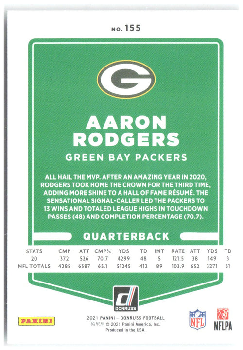 Aaron Rodgers Donruss 155 2021 Green Bay Packers No Helmet Variant