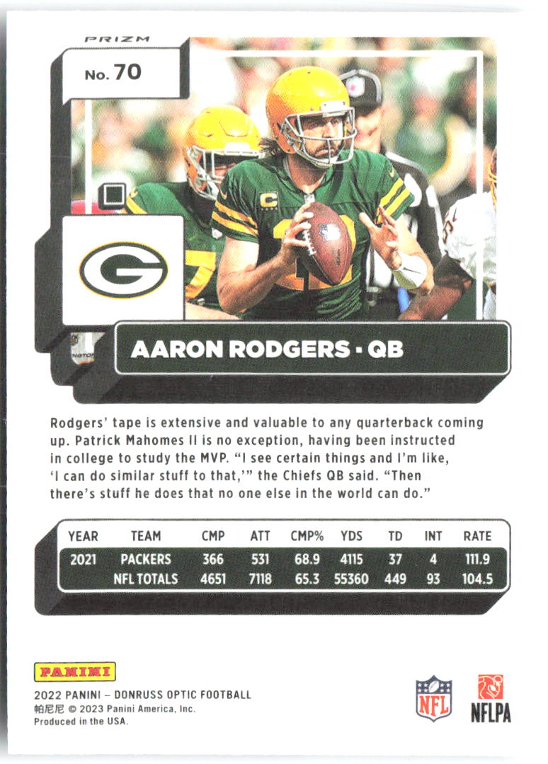 Aaron Rodgers Donruss Optic - Holo 70 2022 Green Bay Packers