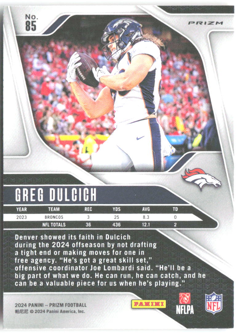 Greg Dulcich Panini Prizm - Lazer 85 2024 Denver Broncos