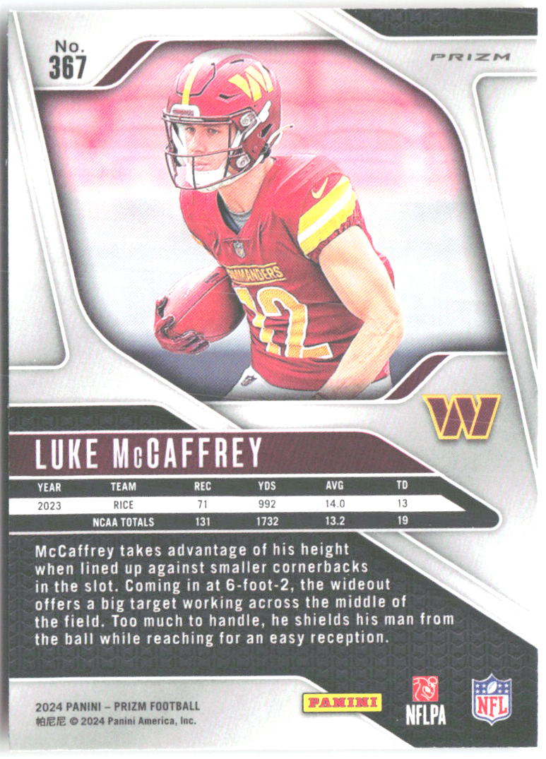 Luke McCaffrey Panini Prizm - Lazer 367 2024 Washington Commanders
