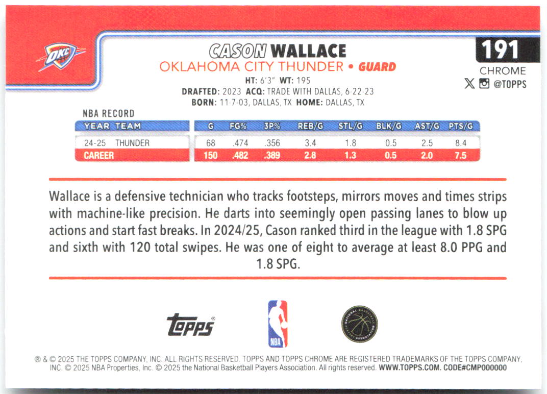 Cason Wallace Topps Chrome 191 2025-26 Oklahoma City Thunder