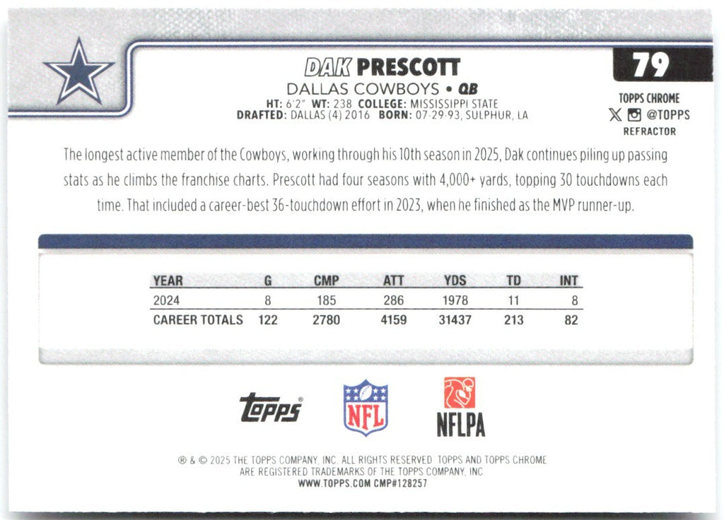 Dak Prescott Topps Chrome - Refractor 79 2025 Dallas Cowboys