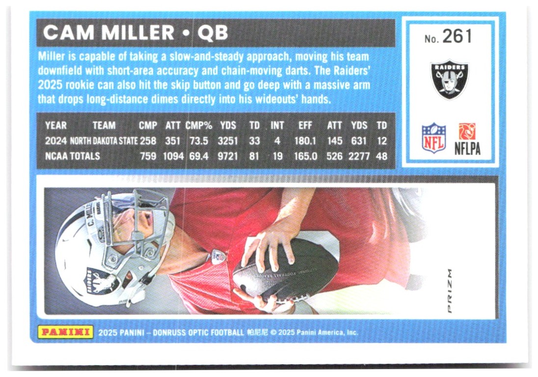 Cam Miller Donruss Optic - Pink 261 2025 Las Vegas Raiders