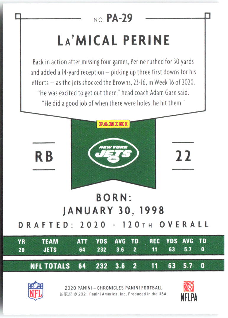 La'Mical Perine Panini Chronicles - Panini PA-29 2020 New York Jets