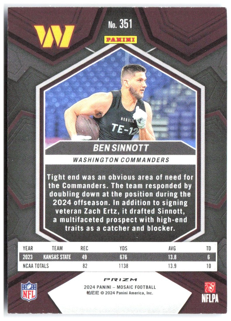 Ben Sinnott Panini Mosaic - Mosaic Reactive Blue 351 2024 Washington Commanders