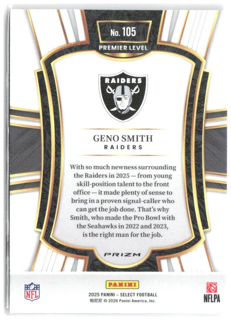Geno Smith Panini Select Black and Orange Prizm Shock 105 2025 Las Vegas Raiders