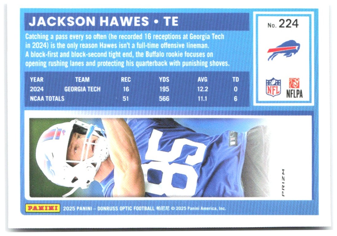 Jackson Hawes Donruss Optic - Purple Shock 224 2025 Buffalo Bills