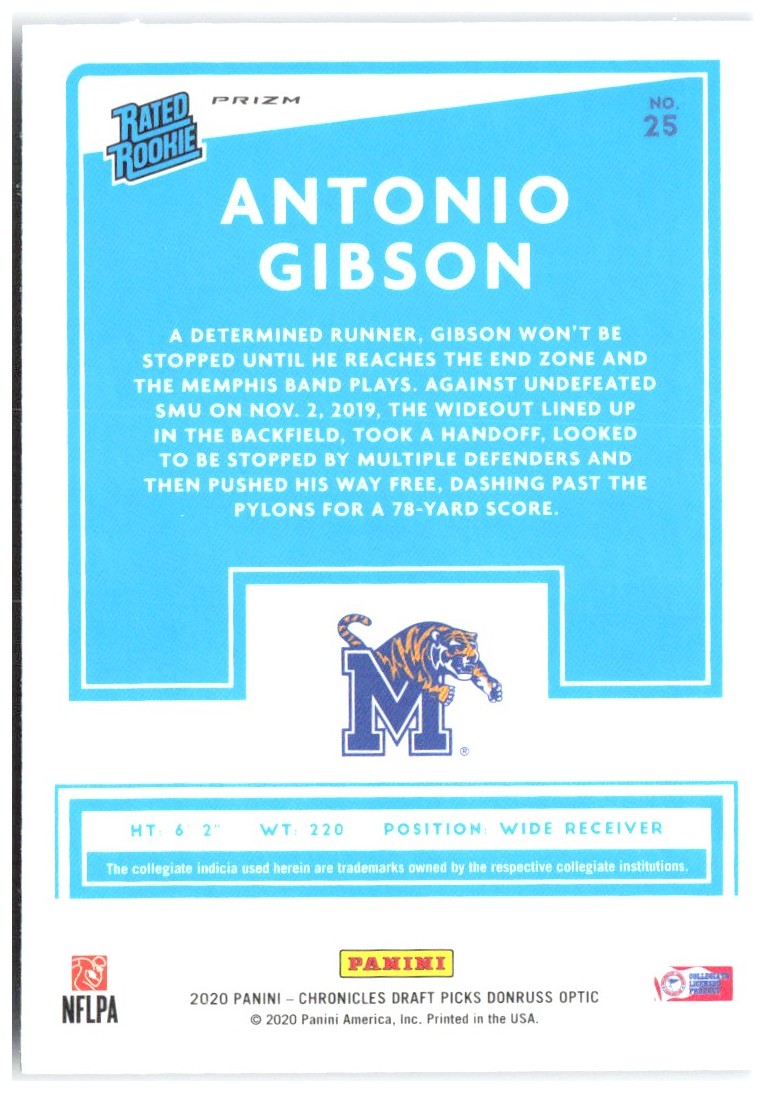 Antonio Gibson Chronicles Draft Picks - Donruss Optic Rated Rookies Blue 25 2020
