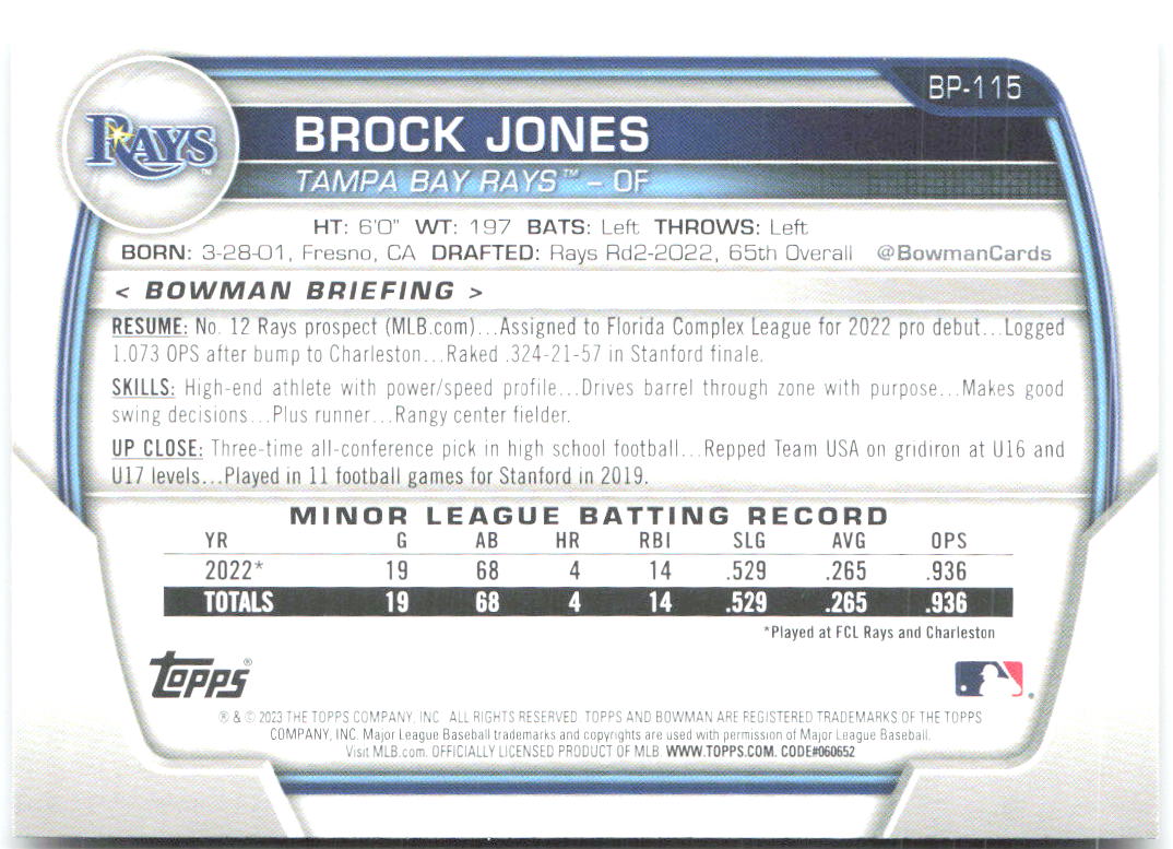 Brock Jones Bowman - Prospects BP-115 2023 Tampa Bay Rays
