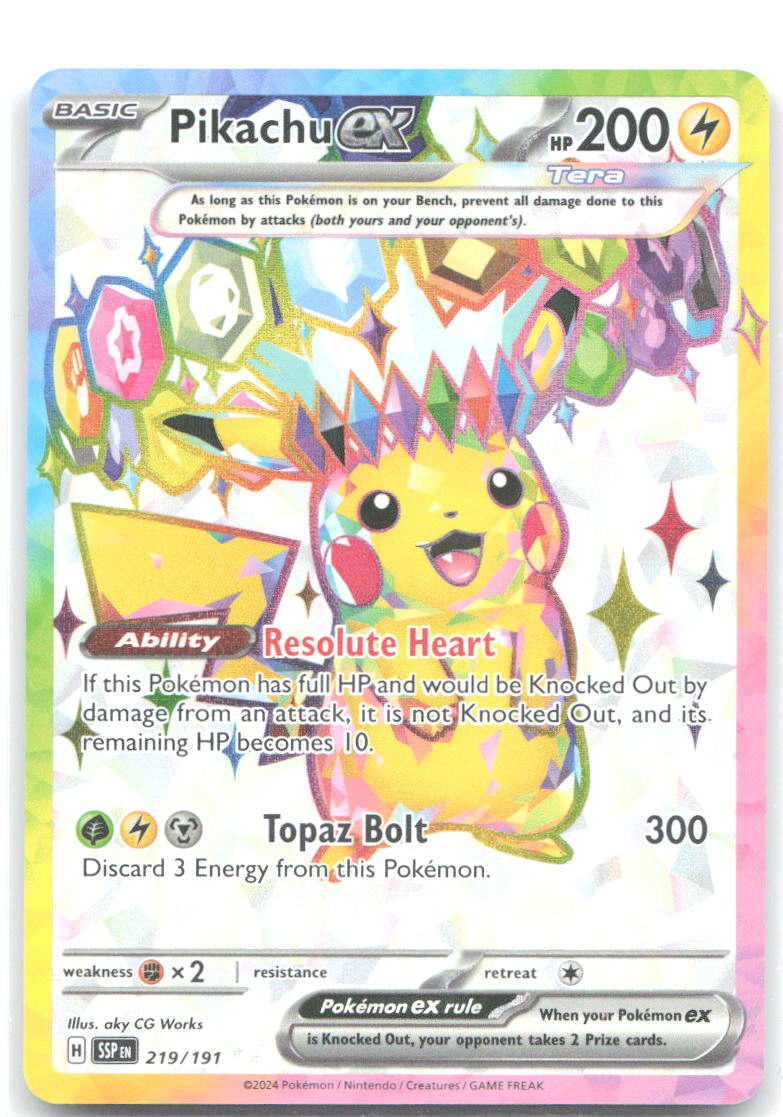 Pikachu ex Holo Ultra Rare SV08 Surging Sparks 219/191 NM aky CG Works
