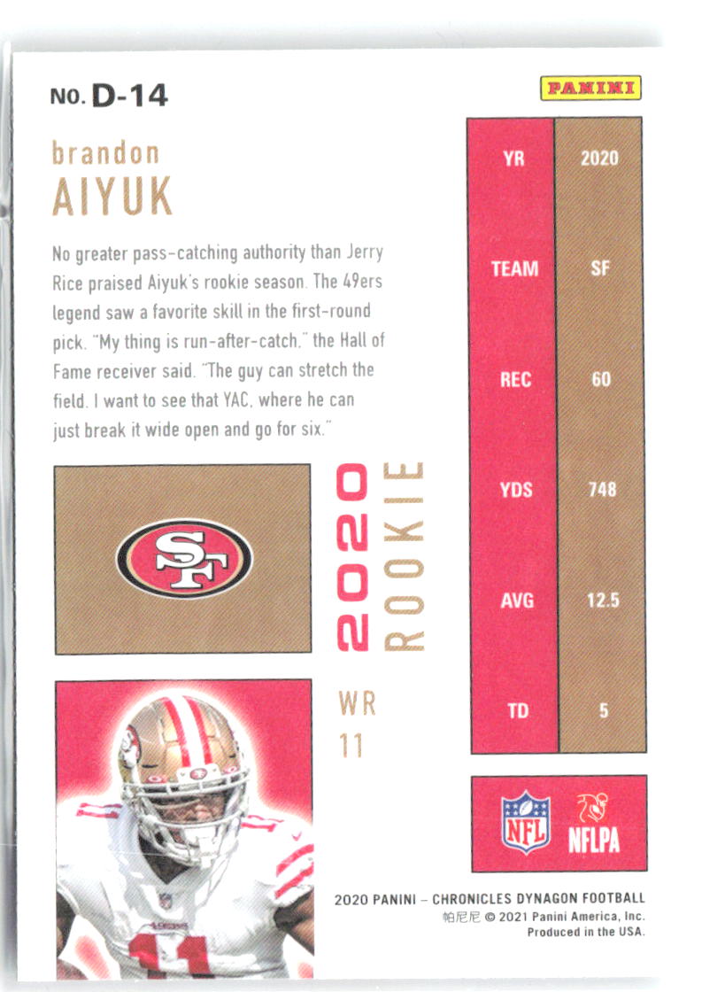 Brandon Aiyuk Panini Chronicles - Dynagon Rookies D-14 2020 San Francisco 49ers
