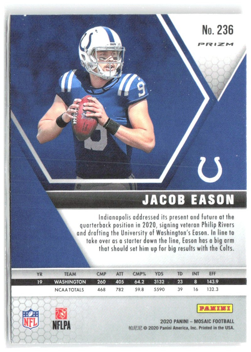 Jacob Eason Panini Mosaic - Prizm Reactive Blue 236 2020 Indianapolis Colts