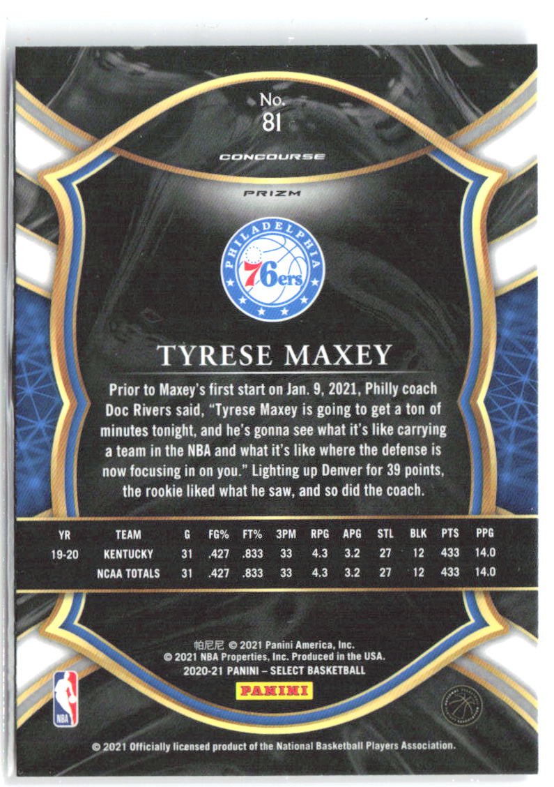 Tyrese Maxey Select Blue White Purple Cracked Ice 81 2020-21 Philadelphia 76ers