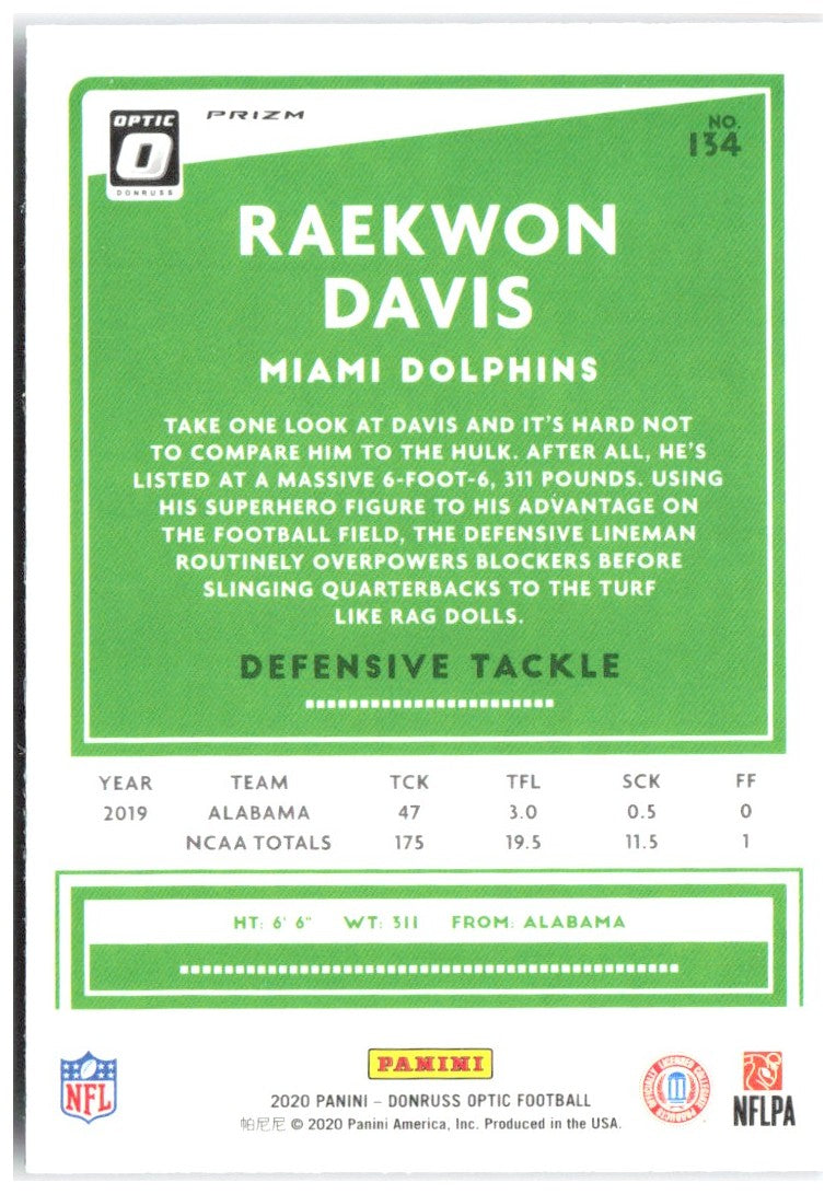 Raekwon Davis Donruss Optic - Purple Shock 134 2020 Miami Dolphins