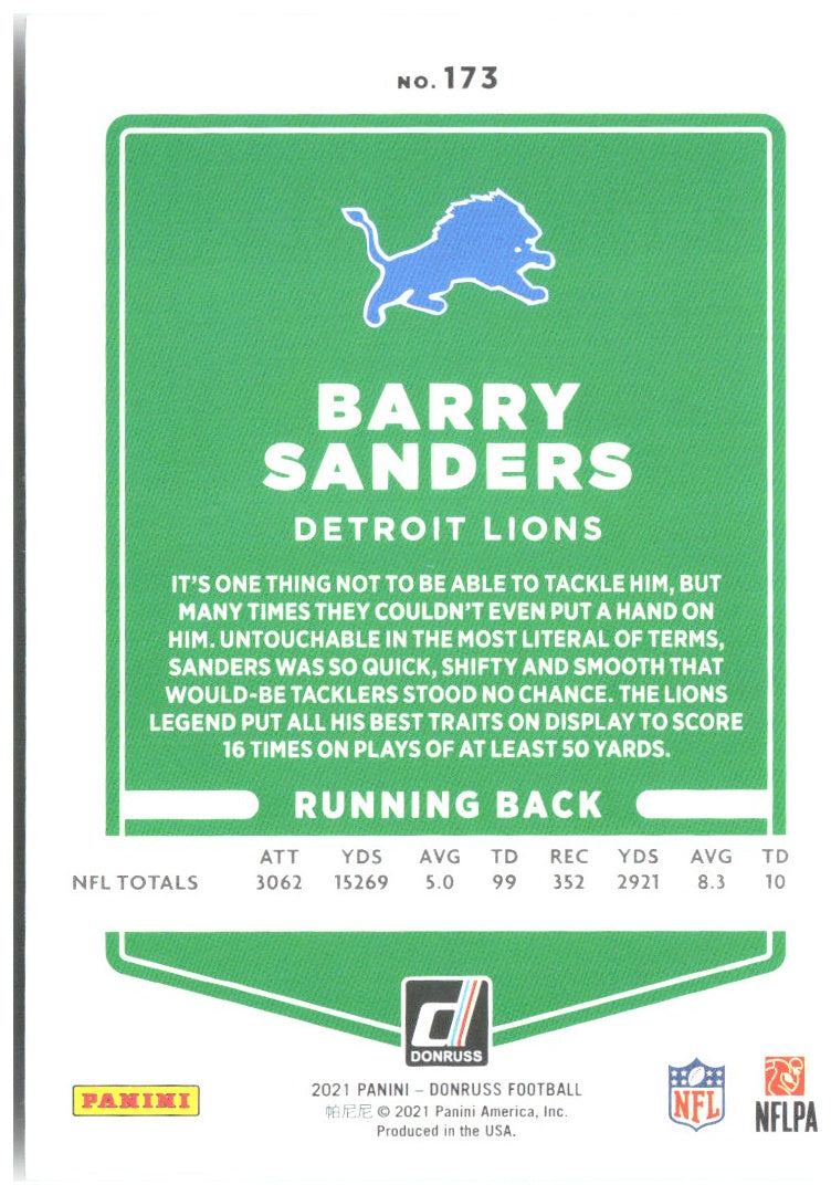 Barry Sanders Donruss 173 2021 Detroit Lions No Helmet Variant